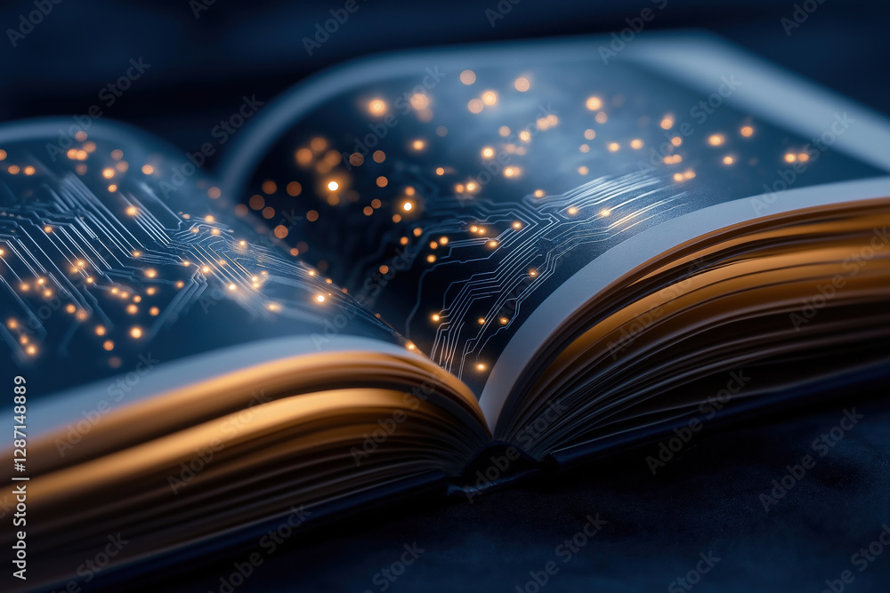 Poster concept of knowledge and technology with an open book displaying circuits and lights