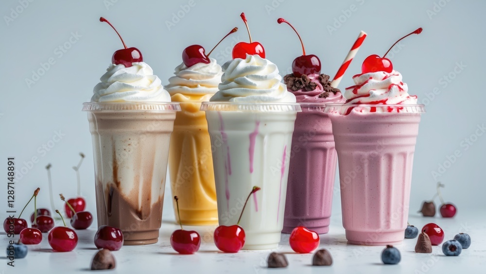 Poster milkshakes in assorted flavors served in plastic cups topped with whipped cream and cherries on a wh