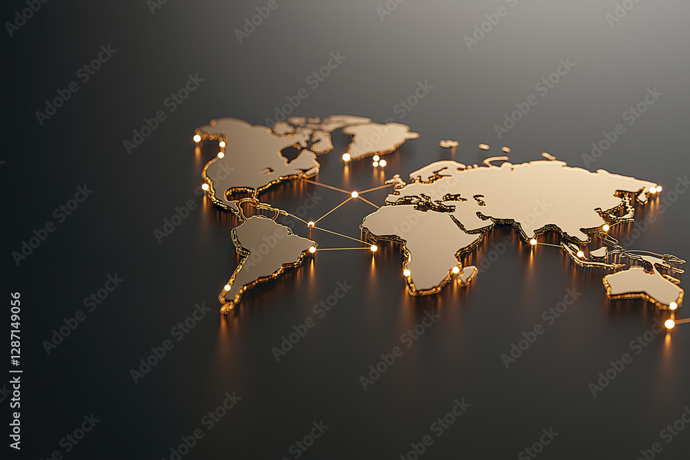 Poster golden world map showcasing global connectivity and networks on a dark background