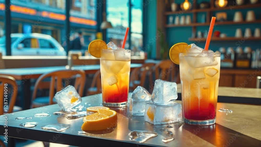 Poster refreshing summer drinks on a cafã© table with ice and lemon slices, showcasing vibrant colors and a