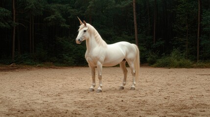 Obraz premium Majestic white unicorn standing in a forest clearing.