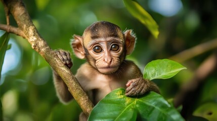A curious baby monkey perched on a branch, surrounded by lush green leaves, showcasing its playful demeanor in a natural habitat.
