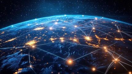 Digital globe with connected trade routes, global network, world trade. 