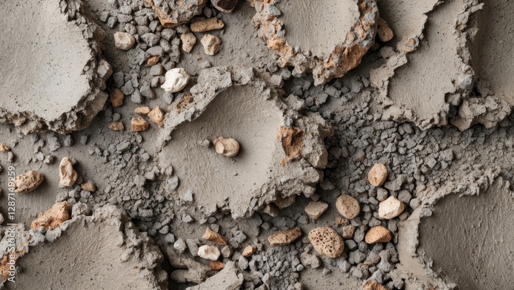 Poster textured concrete surface with dry grains and scattered stones creating an abstract natural pattern 