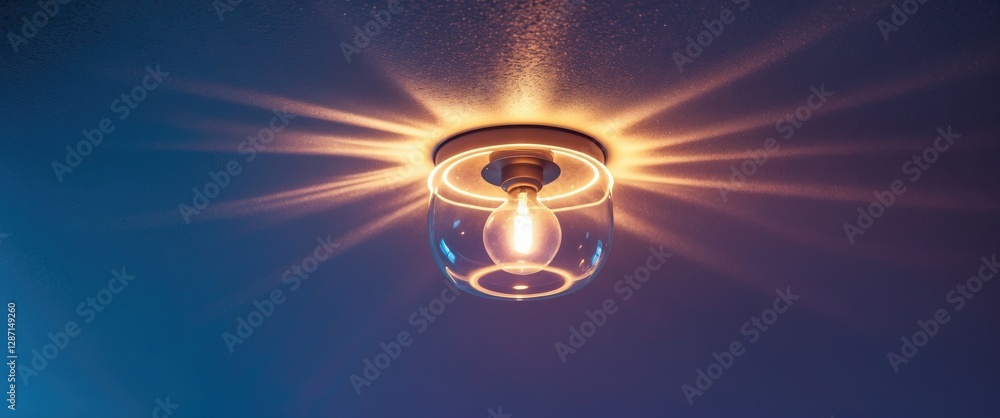 Poster minimalist ceiling lamp casting warm light with starburst rays creating an abstract and tranquil atm