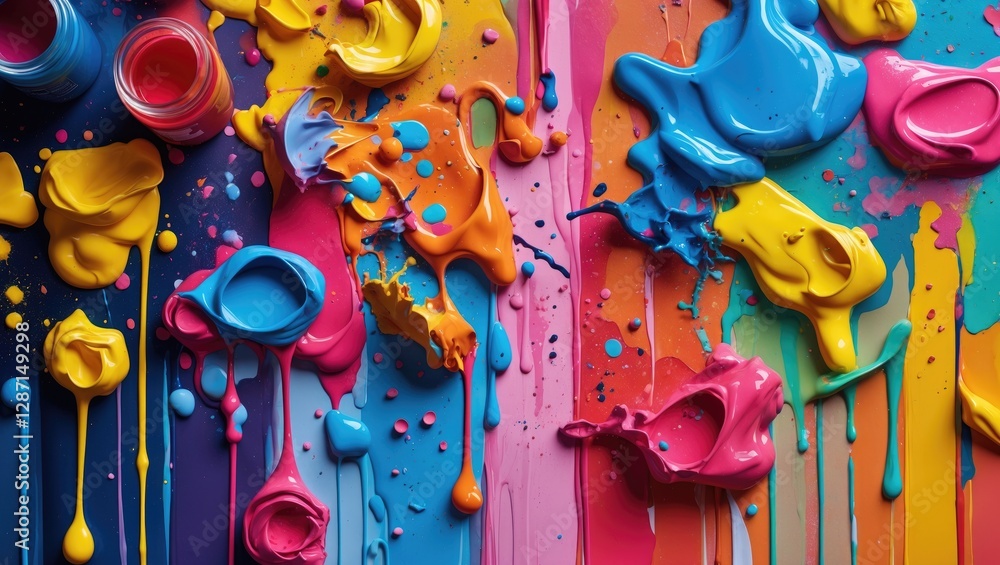 Poster vibrant multicolored paint splashes and drips creating an abstract artistic background with a playfu