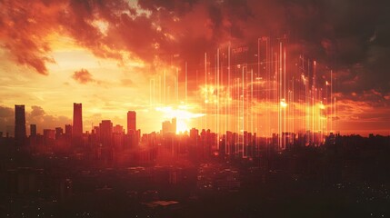 Fototapeta premium A breathtaking skyline at sunset, showcasing vibrant hues of orange and red blending with silhouetted buildings, creating a stunning urban landscape filled with warmth and tranquil