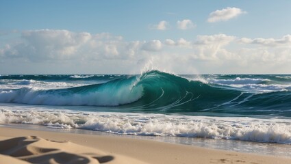 Waves Crashing Against Sandy Beach With Clear Blue Ocean and Room for Text Overlay in a Serene Coastal Landscape