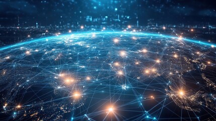 Digital globe with connected trade routes, global network, world trade. 