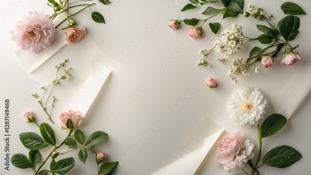 Poster floral arrangement on soft paper background creating an elegant design space for invitations or stat