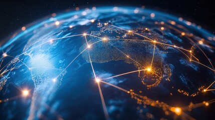 Digital globe with connected trade routes, global network, world trade. 