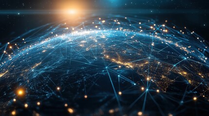 Digital globe with connected trade routes, global network, world trade. 