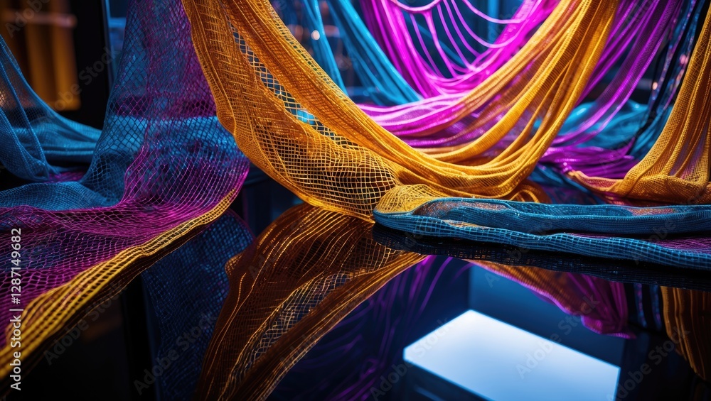 Poster vibrant mesh texture reflections in colorful fabric on sleek black surface showcasing dynamic light 
