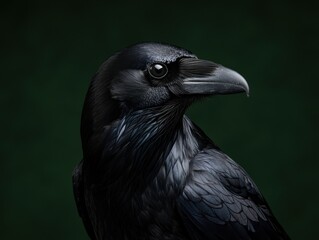 Fototapeta premium Detailed portrait of a black raven against a dark green background.