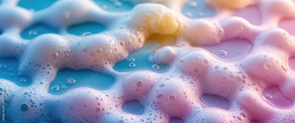 Poster colorful soap bubbles creating a textured gradient background with macro details for use in design, 