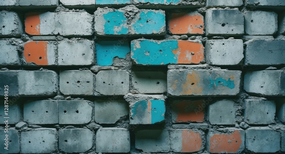 Aufkleber vintage concrete block wall with colorful paint splashes worn by time creating a textured background