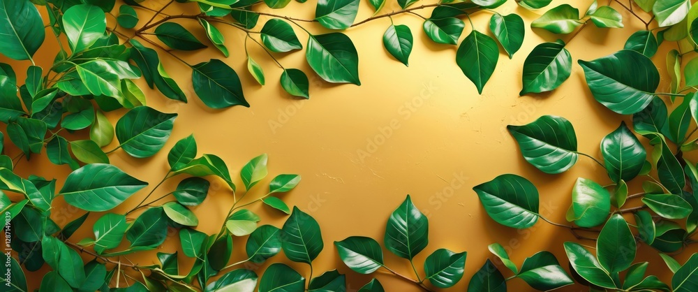 Poster lush green leaves arranged elegantly on a shimmering golden background creating a vibrant and refres