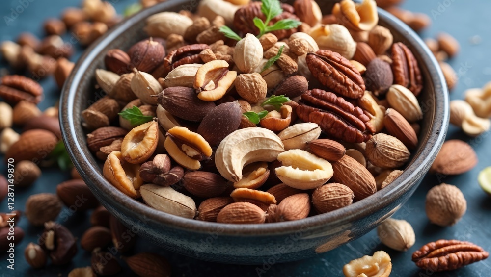 Poster assorted nuts in a bowl with fresh herbs on a rustic table representing healthy vegetarian snacking 