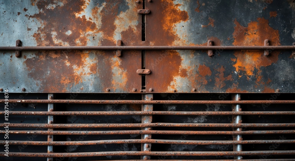 Poster Rusty metal sheet background with non-slip steel grating texture showcasing aged iron surface with corrosion and weathered paint patterns.