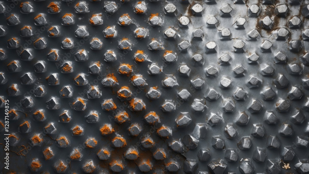 Poster industrial metal texture with rusty and shiny sections showcasing a pattern of raised hexagonal shap