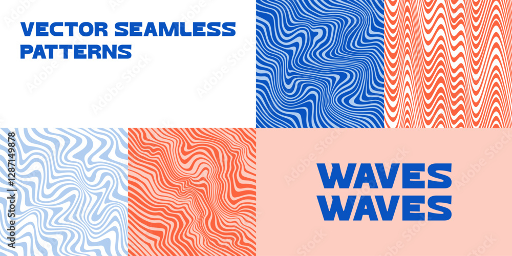 Poster Abstract Seamless Patterns with Liquid Waves. Vector Wavy Background. Swirl Psychedelic Lines. Geometric Texture with Trippy Marble Stripes. Funky Water Illustration