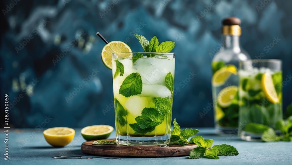 Poster refreshing mojito cocktail with fresh mint and lime slices on table against blue background with cop
