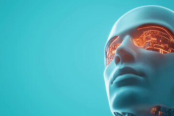 Robotic head with glowing circuitry in futuristic setting and vibrant background colors