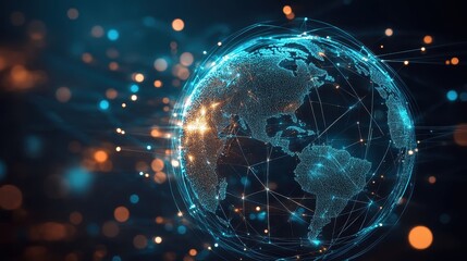 Obraz premium Digital globe with connected trade routes, global network, world trade. 