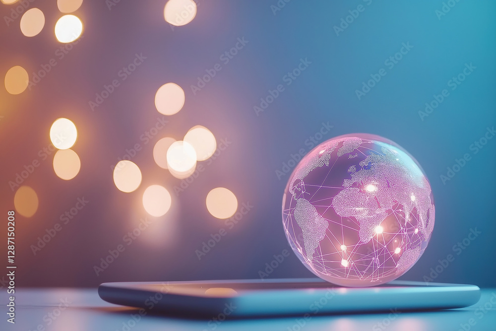 Poster 3d globe with illuminated network connections on a table against a blurred background