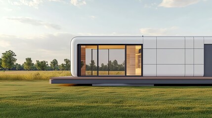 Obraz premium Modern Tiny Home Design on Green Landscape - Sustainable Architecture Concept
