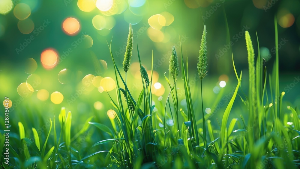 Poster lush green grass with soft bokeh lights creating an enchanting natural atmosphere for tranquil outdo