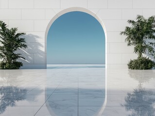 Minimalist architectural design with archway and plants.