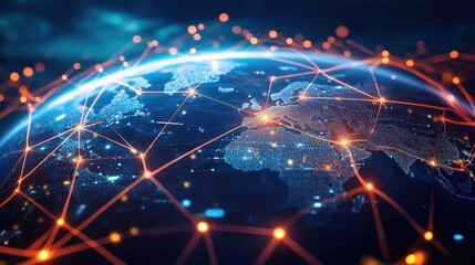 Obraz premium Digital globe with connected trade routes, global network, world trade. 