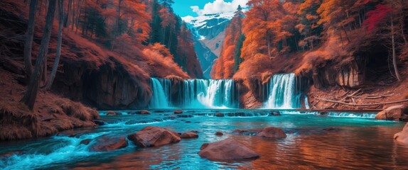 Autumn Landscape with Majestic Waterfalls Flowing Through Colorful Forest and Serene River Under Bright Blue Sky