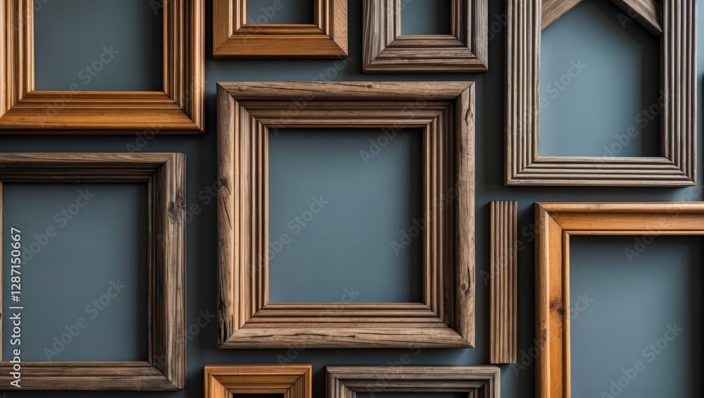 Poster collection of assorted wooden picture frames arranged on a blue background ideal for displaying artw