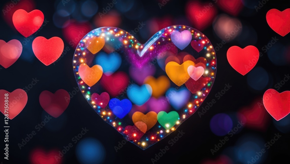 Poster colorful bokeh heart shapes with blurred lights on a dark background creating a romantic atmosphere 