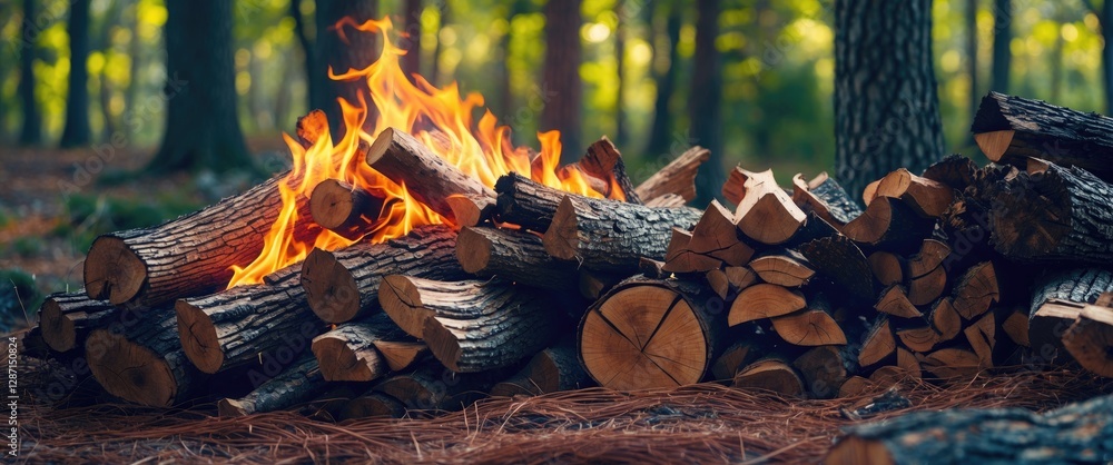 Poster firewood stack of oak and pine logs burning in a forest with sunlight filtering through trees creati
