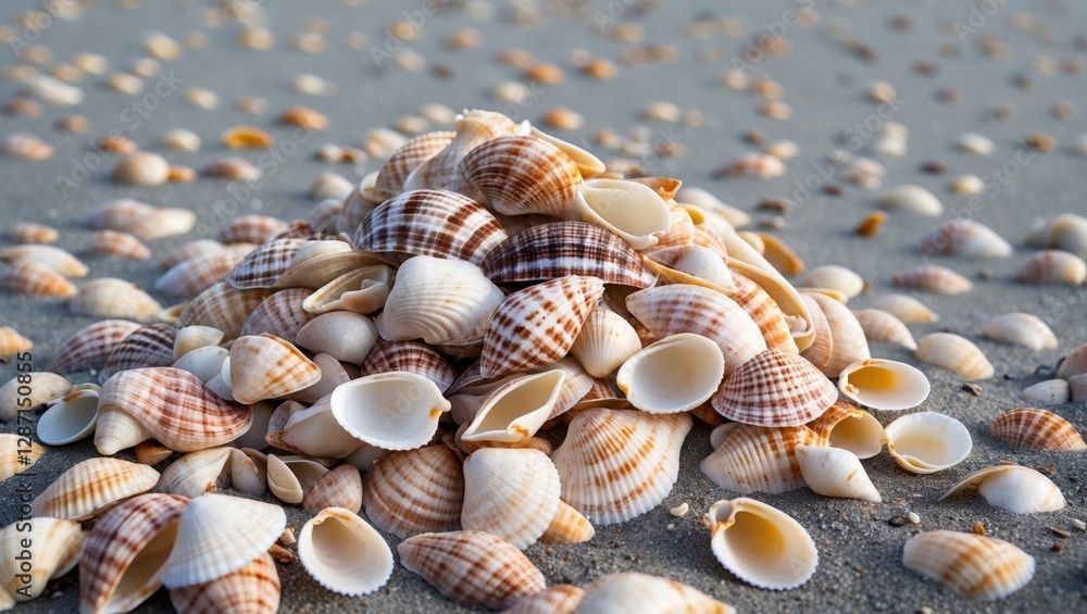 Poster a scenic beach filled with a large assortment of seashells showcasing intricate patterns and colors 