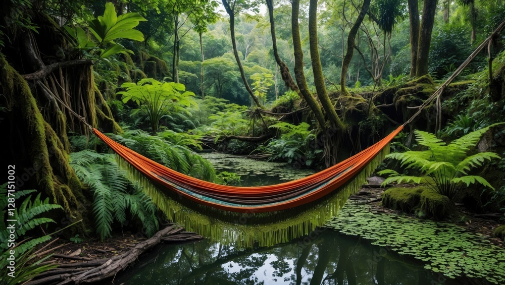 Poster tranquil forest scene featuring hammock over serene pond surrounded by lush ferns with space for tex