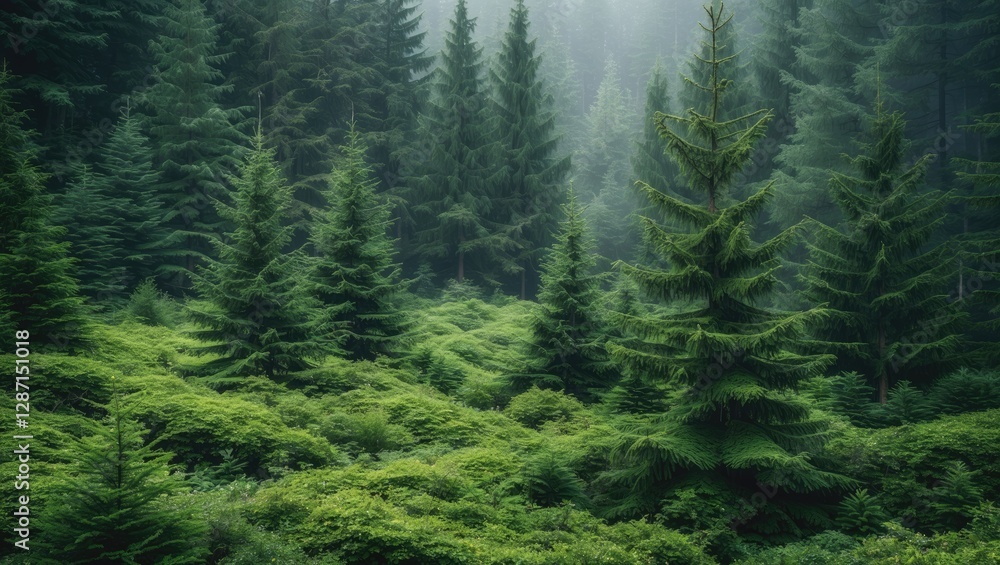 Aufkleber lush misty evergreen forest with dense foliage and tall trees surrounded by a serene atmosphere and 