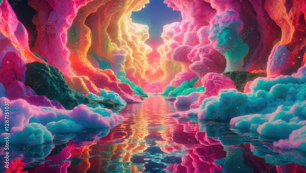 Poster vibrant abstract landscape with colorful clouds and reflections creating a mystical serene atmospher