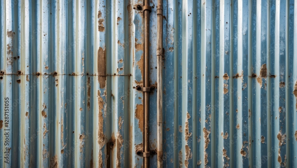 Poster weathered corrugated zinc sheet surface with rust and peeling paint, suitable for textures and backg