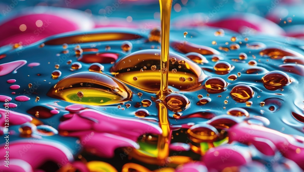 Poster vibrant mix of oil bubbles in vivid liquids showcasing colorful textures and reflections in a dynami
