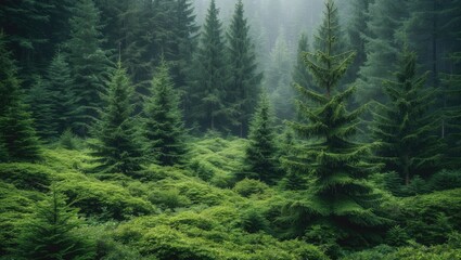 Lush Misty Evergreen Forest with Dense Foliage and Tall Trees Surrounded by a Serene Atmosphere and Soft Light Filtering Through