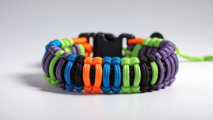 Colorful Morse code bracelet made from parachute cord displayed on a white background showcasing its intricate design and vibrant hues.
