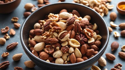 Assorted healthy nuts in a deep bowl on a textured surface showcasing a nutritious vegetarian food option. Perfect for snacking or recipes.