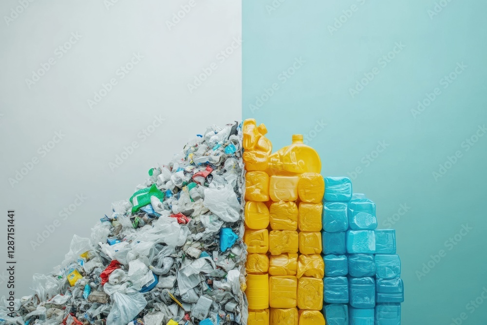 Poster impact of plastic waste on the environment illustrated by contrast of trash pile and recycled produc
