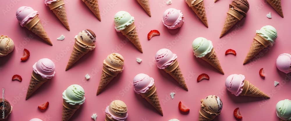 Poster colorful ice cream cones arranged in a minimalist pattern on a bright pink background with diagonal 