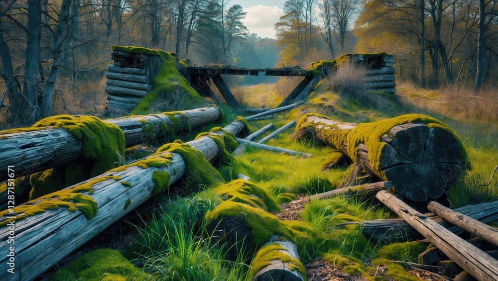 Poster overgrown logs and moss with a destroyed bridge in a tranquil abandoned area showcasing nature recla