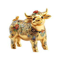 Fototapeta premium Golden Ox Figurine with Floral Design Isolated on Transparent Background